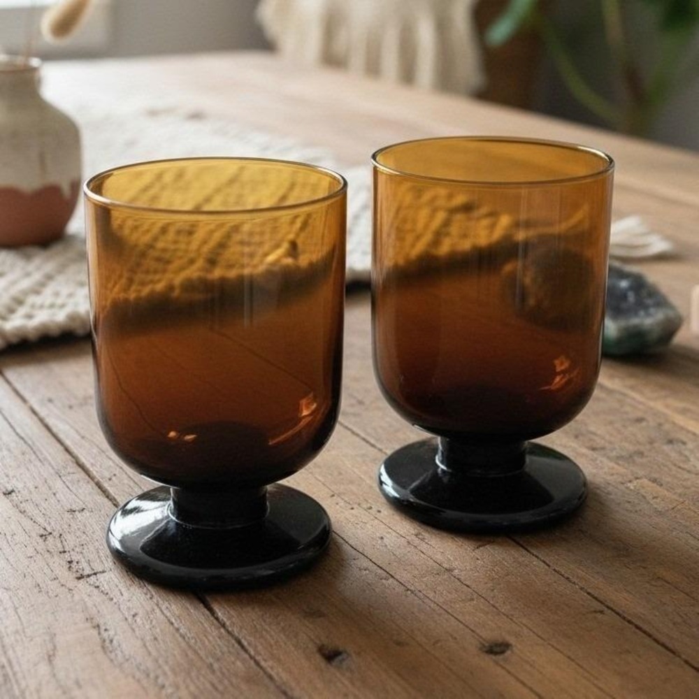 Pier 1 Imports Amber‎ Brown Tumblers, Set of 2, Vintage Hand Blown Studio Art
